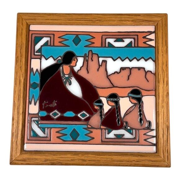 Navajo Southwest Ceramic Tile Trivet Wall Art Oak Frame Mother Daughter Mountain - Picture 1 of 5